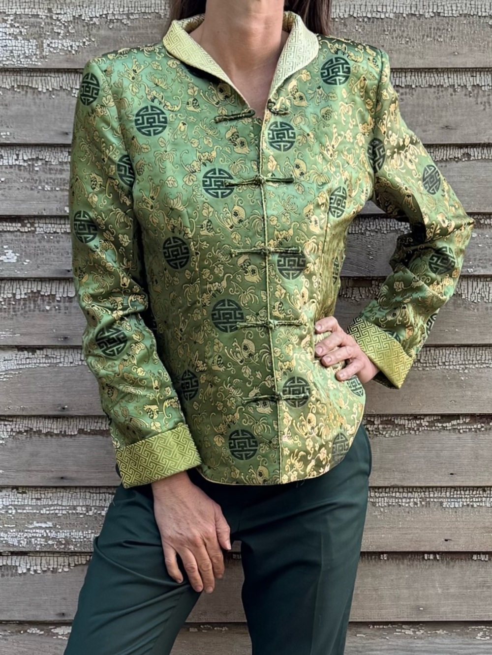 VTG Silk Green Brocade Mandarin Collar Light Jacket - Women's